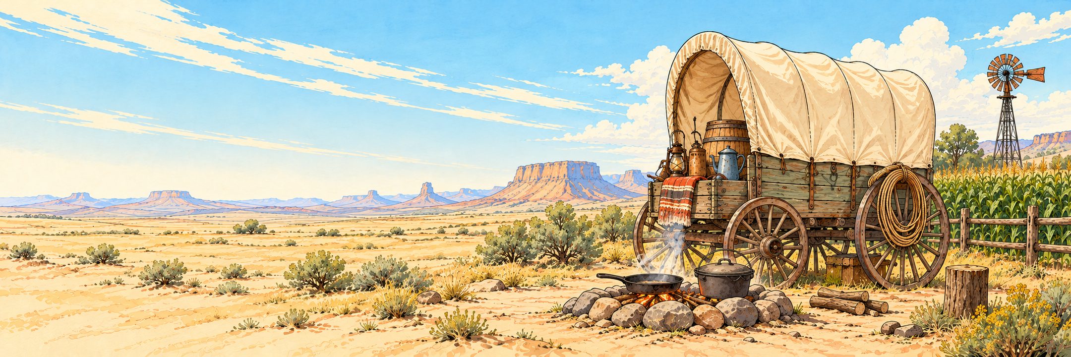 Watercolor chuckwagon with a skillet over a campfire beside a cornfield