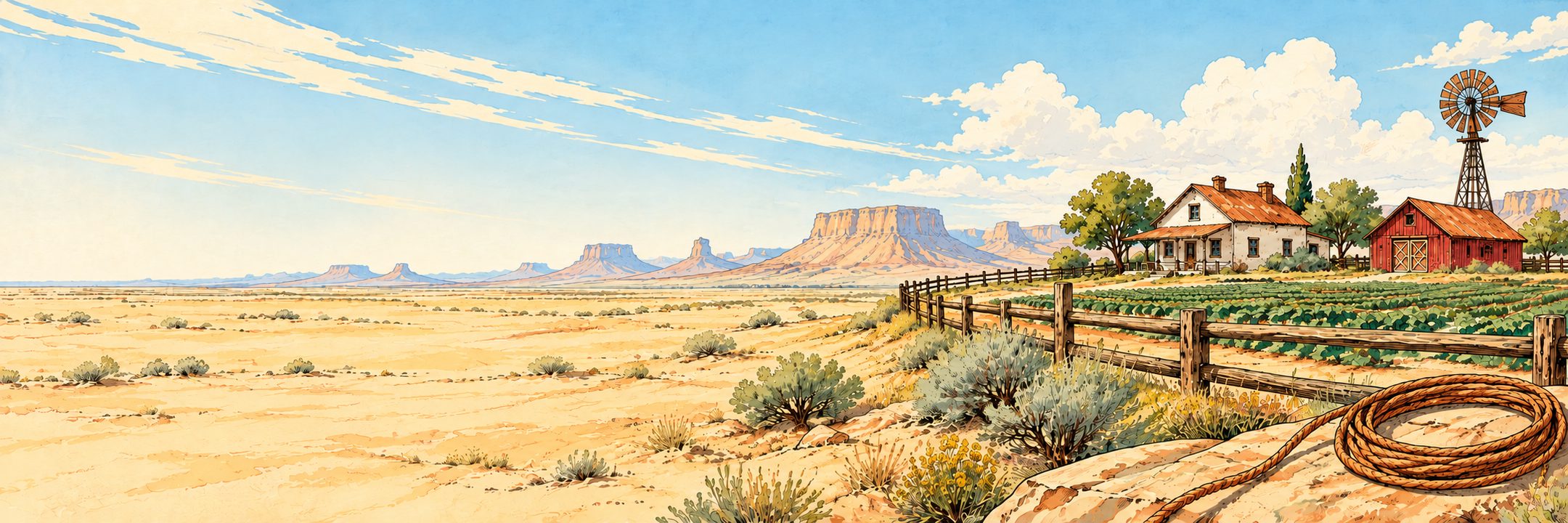 Watercolor desert ranch with a farmhouse, windmill and lasso