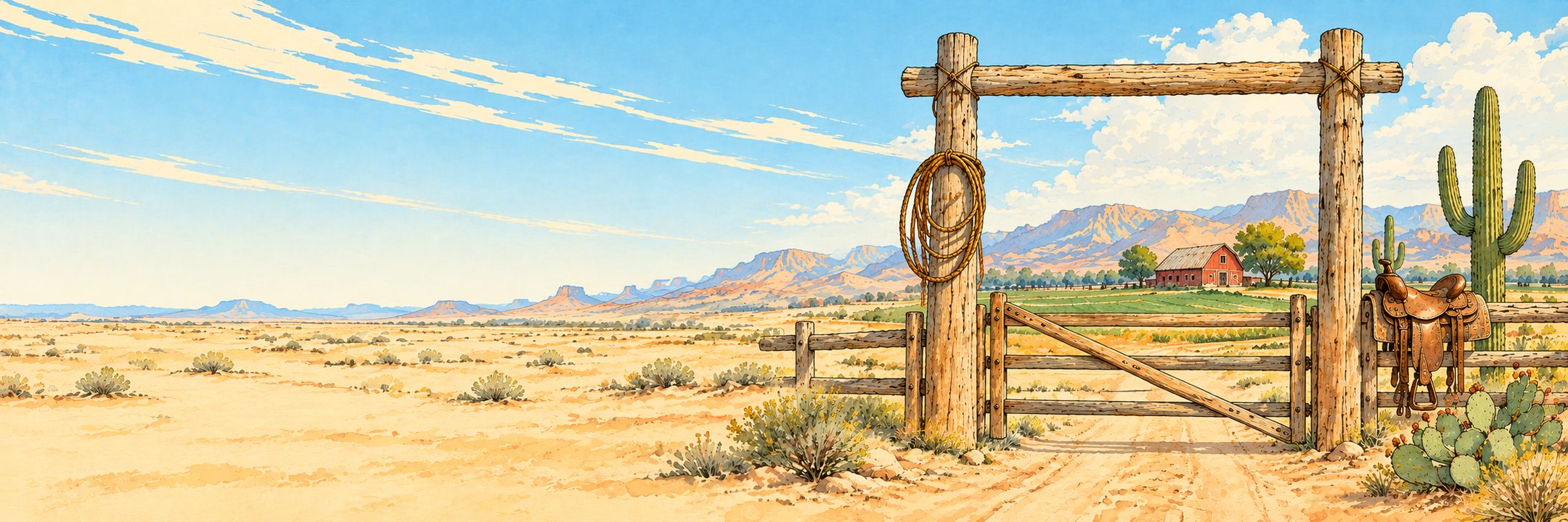 Watercolor ranch gate with a lasso, saddle and cactus